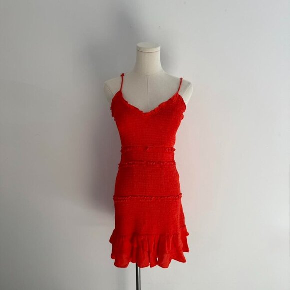 Olivaceous Smocked Ruffle Mini Dress | Red/Orange | Women’s Size Small - Picture 1 of 4